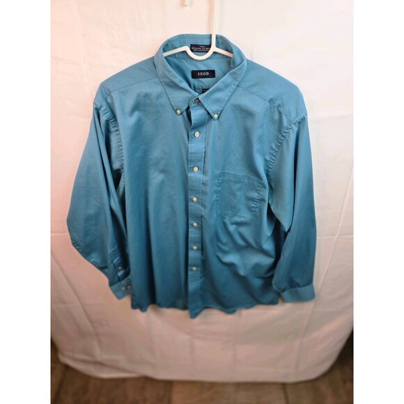 Izod Men's Large 17 34/35 Teal Regular Fit Long‎ Sleeve Button Up Shirt - Picture 9 of 9